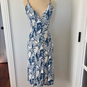 Reformation Blue and White Bird Print Midi Dress
